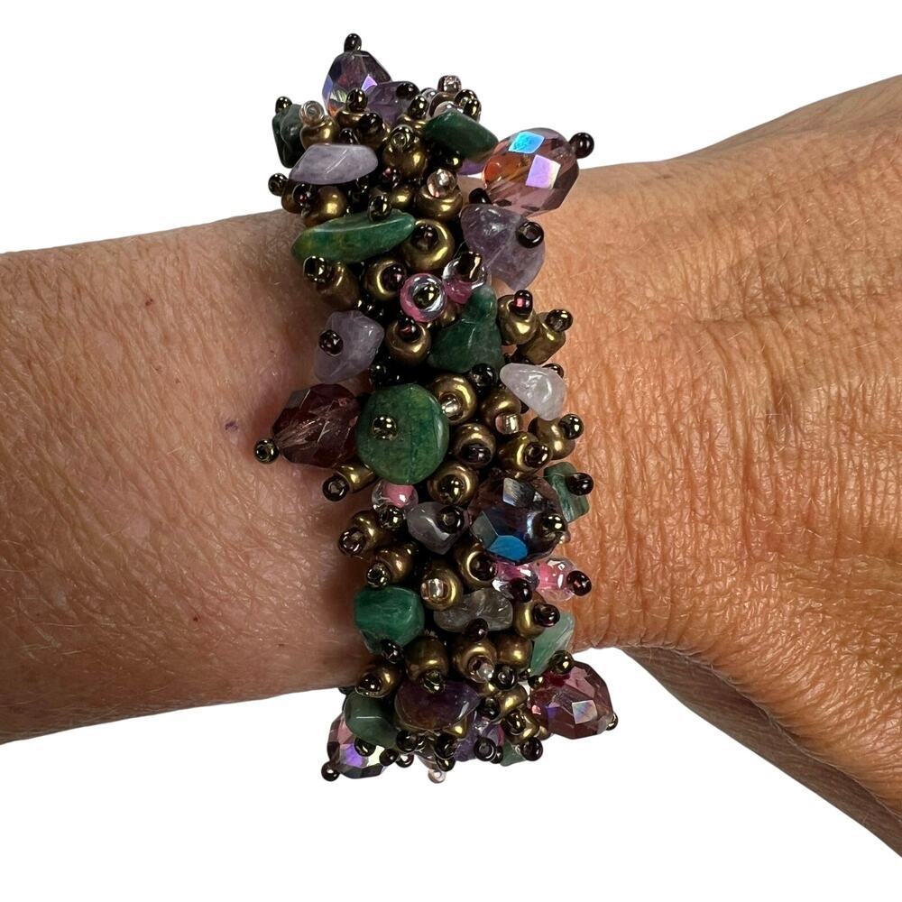 Colorful Beaded Wrap Magnetic Spray Bracelet Seed Beads Stone Purple Green Blue